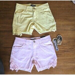 NWT XOXO Girls Size 8 Pink & Yellow Raw Hem Denim Shorts Bottom Lace Cutout